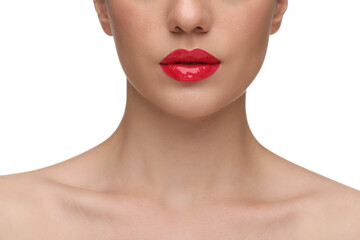 Obraz premium Woman with bright lip gloss on white background, closeup