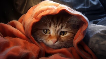 sick cat under blanket.