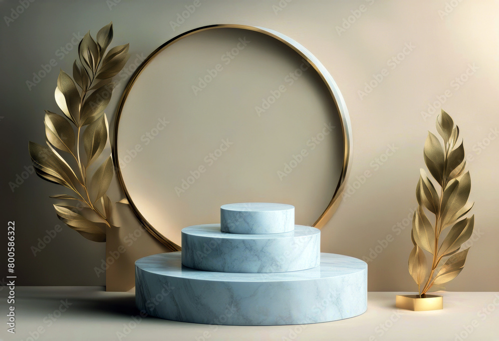 Wall mural 'products Marble branding leaf presentation shadow beige Luxury background decoration product splay gold podium beauty mockup and Scene poduim dais interior template'