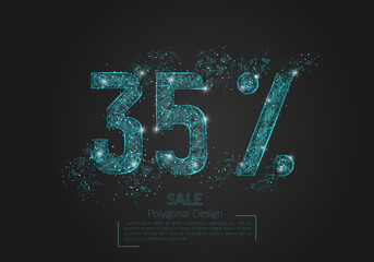 Abstract isolated blue 35 percent sale concept. Polygonal illustration looks like stars in the black night sky in space or flying glass shards. Digital design for website, web, internet.