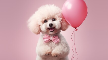 Smiling poodle puppy holding a pink heart shaped balloon for Valentine Day or birthday.
