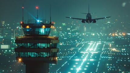 An airport control tower against a backdrop of city lights at night, overseeing the safe takeoff and landing of aircraft with precision and expertise. - obrazy, fototapety, plakaty
