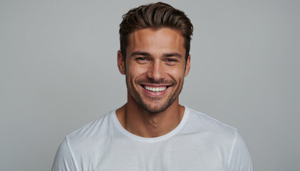 Studio photo of a handsome man model smiling on white background