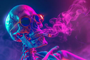 A smoking skeleton wearing sunglasses with a ghostly aura in a 1980s neon vector art style 