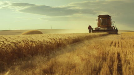 Naklejka premium A dynamic shot capturing the dynamic interaction between the two farmers as they strategize and plan their approach to the harvest season, with the hum of the combine harvester in