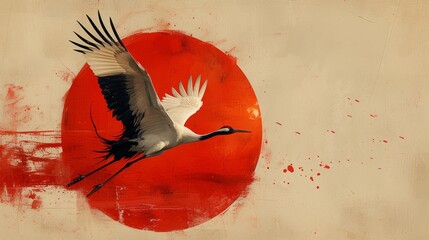 Naklejka premium Crane flying in front of a red sun with artistic splatters