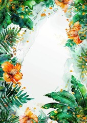 illustration of a colorful floral frame artwork in watercolor with blank space in the middle on a white background