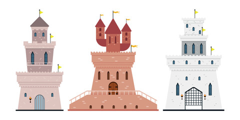Vector illustration of beautiful stone castles. Cartoon scene of various colored castles with towers, flags, stairs, doors, windows, balcony, lit fire isolated on white background.