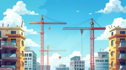 A city skyline with two cranes in the foreground, one on the left - Powered by Adobe