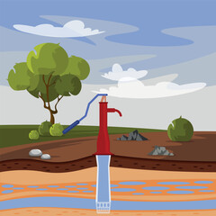 Vector illustration of a beautiful landscape with a well. Cartoon scene of a landscape with a well from the depths of the earth's layers extracting water,a sky with clouds,a tree,a bush,a road,stones.