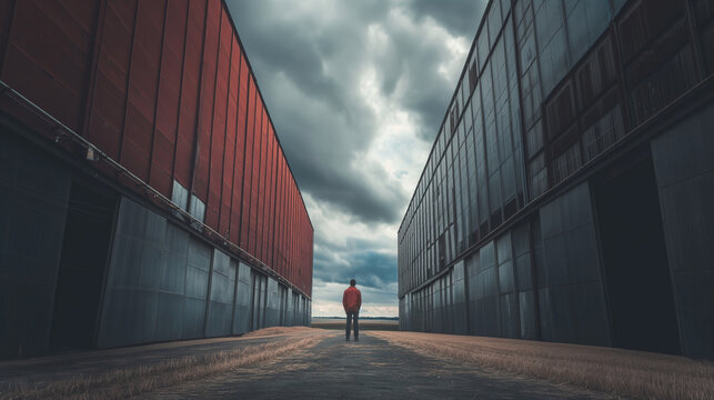A dramatic photograph showcasing the contrast between the man's solitary figure and the vast expanse of grain stored in the hangar, with storm clouds gathering overhead, symbolizin