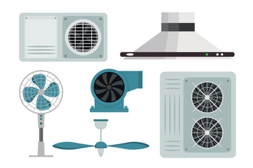 Set of appliances for the home, various organizations. Vector illustration dust fan, for cooling the room, hood, air conditioner isolated on white background. Electrical devices. Air purification.