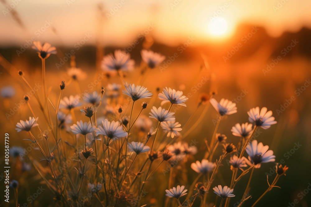 Wall mural Wild flowers in a meadow at sunset. Macro image, shallow depth of field. Abstract summer nature background