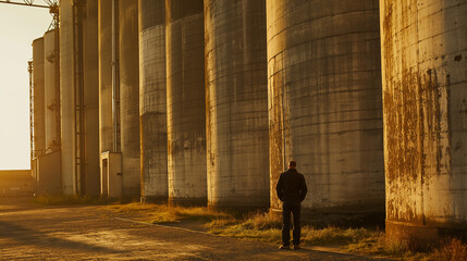 A cinematic shot of a man standing next to a hangar filled with grain silos, with the golden sunlight casting long shadows across the scene, evoking a sense of nostalgia and revere