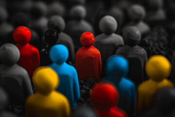 A standout colorful figure in a monochrome crowd, depicting the concept of leadership through uniqueness and diversity 