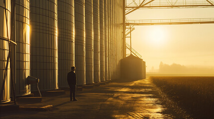 A cinematic shot of a man standing next to a hangar filled with grain silos, with the golden sunlight casting long shadows across the scene, evoking a sense of nostalgia and revere