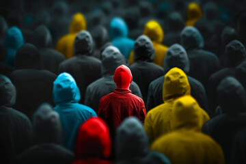 Obraz premium A standout colorful figure in a monochrome crowd, depicting the concept of leadership through uniqueness and diversity 