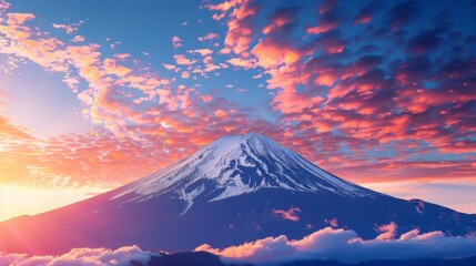 An awe-inspiring view of Mount Fuji standing majestically against a colorful sunrise sky, a symbol...
