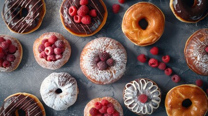 donuts wallpaper arranged in full background and top view, realistic and colorful
