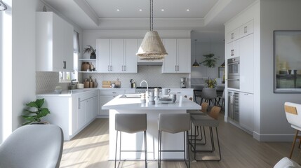 This image features an expansive, well-lit kitchen with a central island, modern appliances, and an elegant pendant light