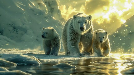 Three polar bears walking in the snow
