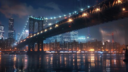 Fototapeta premium An iconic landmark bridge spanning across a majestic river, aglow with a spectacular display of synchronized lights, capturing the essence of city glamour.