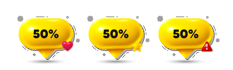 Chat speech bubble 3d icons. 50 percent off sale tag. Discount offer price sign. Special offer symbol. Discount chat offer. Speech bubble banners. Text box balloon. Vector