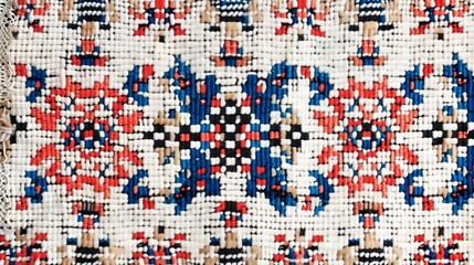 Fototapeta premium Textiles background: Handwoven unique pattern, Detailed Close-up of Handwoven geometric handmade Textile.
