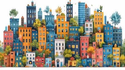 A cartoon city with many buildings and trees in the background, AI
