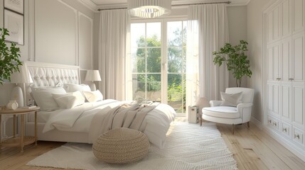 bedroom interior, modern and minimal in white and pastel colors
