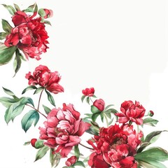 Obraz premium red peony flowers border with free space on a white background 