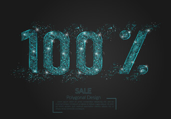 Abstract isolated blue 100 percent sale concept. Polygonal illustration looks like stars in the black night sky in space or flying glass shards. Digital design for website, web, internet.