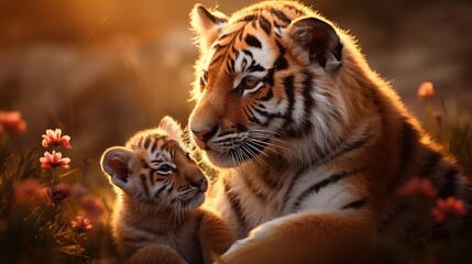 Tender moment between a tiger and her cub. - Powered by Adobe