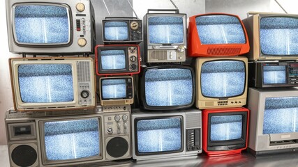 vintage and retro televisions made into a tv wall with static and glitch on the screen - 800589173