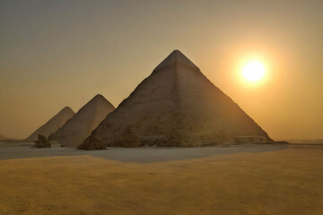 Pyramids of Giza at sunrise, Egyptian pyramids of Giza shot during the sunrise