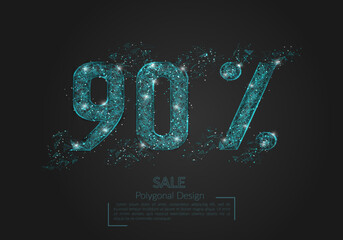 Abstract isolated blue 90 percent sale concept. Polygonal illustration looks like stars in the black night sky in space or flying glass shards. Digital design for website, web, internet.