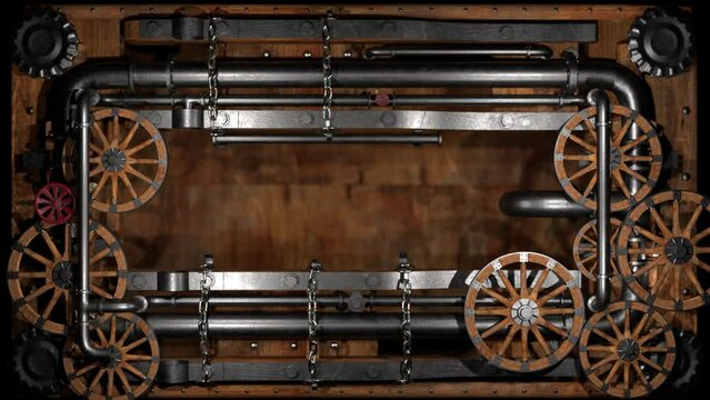 An intricate steampunk frame, adorned with gears, wheels, clockwork, and rivets, set against a rustic wooden backdrop, blending fantasy with industrial aesthetics