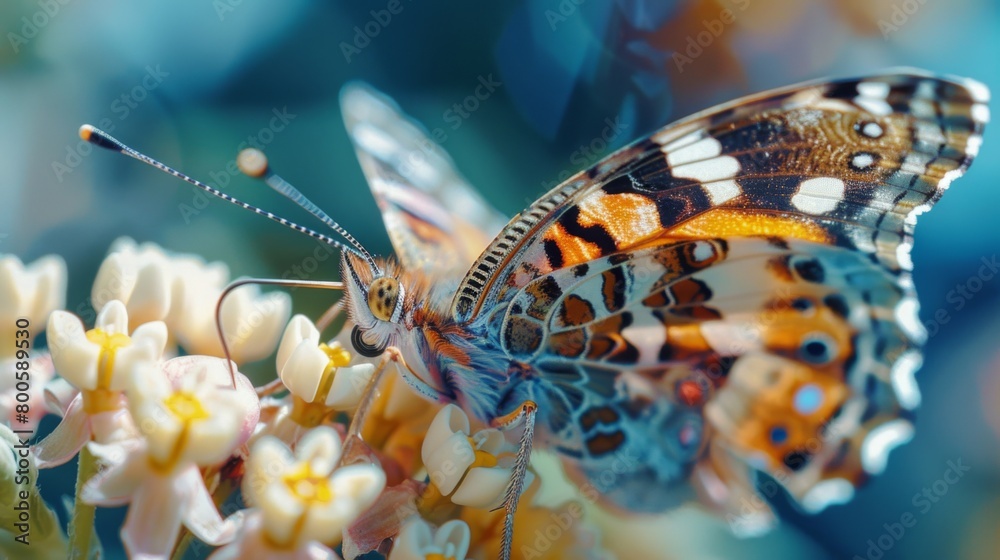 Aufkleber close-up of a delicate butterfly perched on a blooming flower, its intricate patterns illuminated in