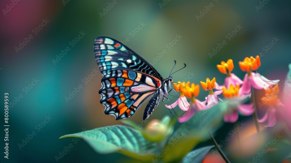 Poster Close-up of a delicate butterfly perched on a blooming flower, its intricate patterns illuminated in vivid detail.