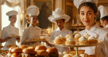 pastry confection in a realistic background with staff  
