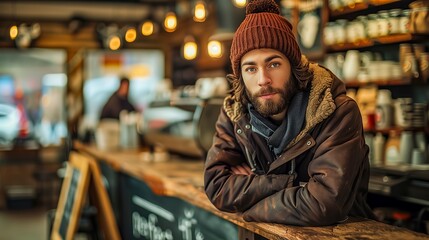 Beanie-clad young man leans thoughtfully on coffee bar, his piercing gaze subtly inviting conversation