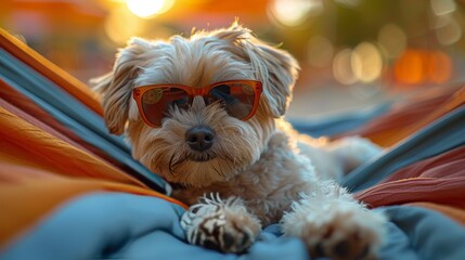 Small Dog Wearing Sunglasses Laying on a Hammock