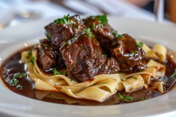 beef cheeks with sauce on a plate of pappardelle pasta in a realistic background