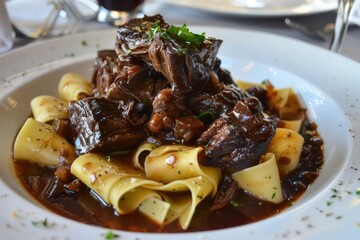 beef cheeks with sauce on a plate of pappardelle pasta in a realistic background