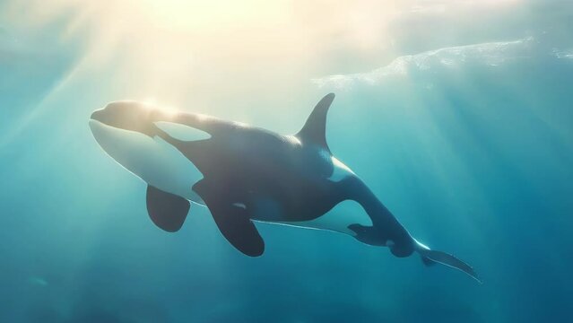 Killer whale or orca swimming gracefully underwater in the ocean with sunrays shining through the water surface. High quality 4k footage