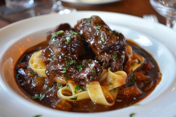 beef cheeks with sauce on a plate of pappardelle pasta in a realistic background