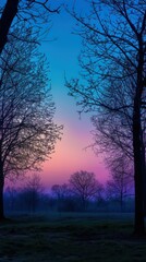 An ethereal mist pervades a park lined with trees under a twilight sky, instilling peace and stillness