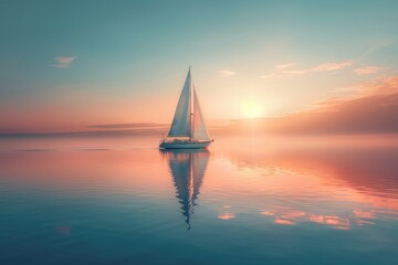 A sailboat on a calm sea at sunset.