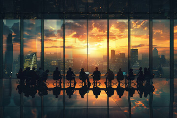 A team meeting at sunrise, silhouetted against a large window overlooking a city awakening, discussing strategies beside a holographic display 