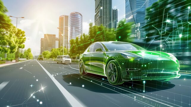 Silhouette of electric green car , Abstract photo of Electric vehicle with double exposure on cityscape background ,concept of Eco-friendly sustainable energy.